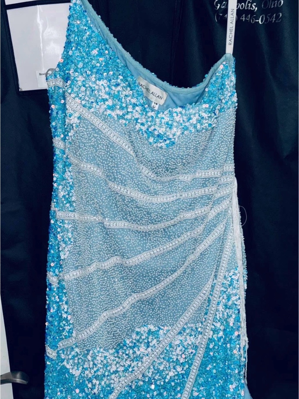 Rachel Allan Light Blue Sequin Strapless Evening Dress